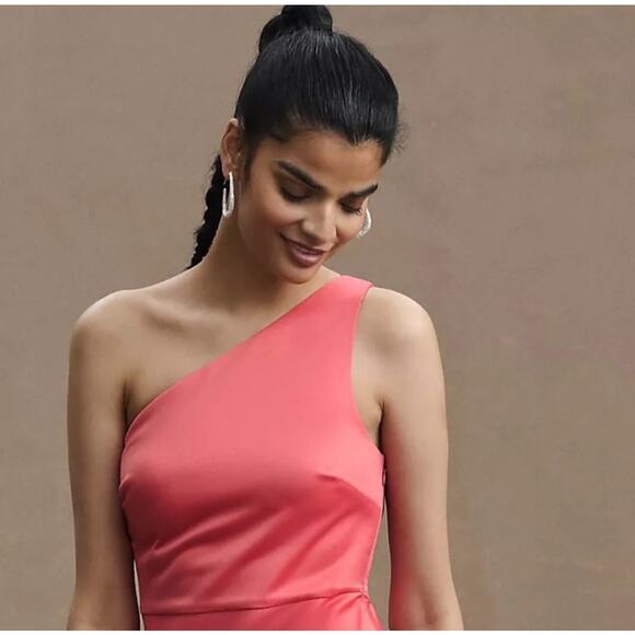 Anthropologie BHLDN Coral Dylan One Shoulder Satin Side Slit Gown Size 6 NWT - Picture 8 of 9